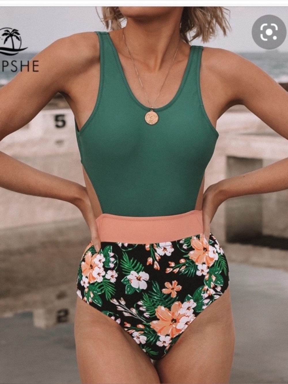 Cupshe Green & Peach Floral High-Waist One-Piece Swimsuit